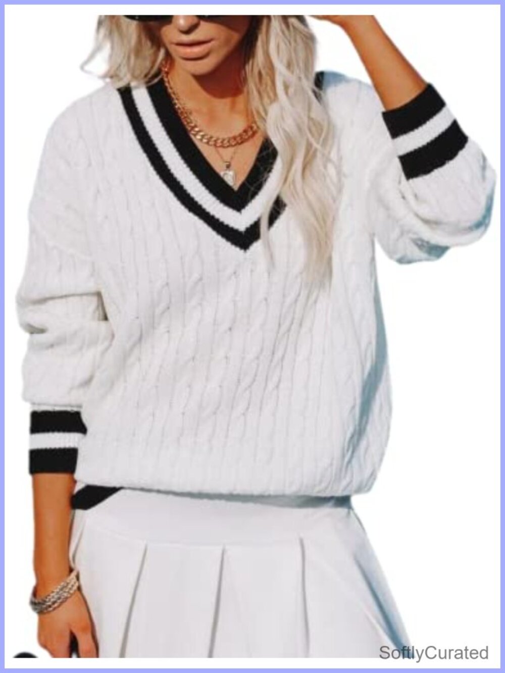 Women's V Neck Long Sleeve Cable Knit Striped Pullover Sweater Relaxed Fit
